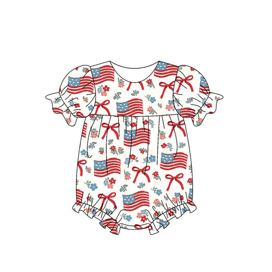 America flag red bow July 4th summer romper preorder