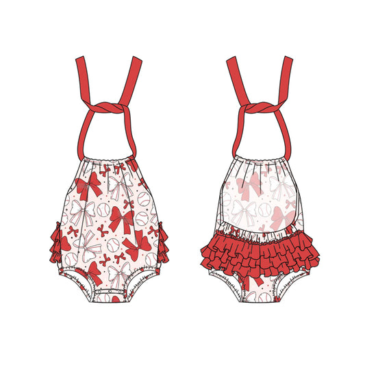 Baby girl red bow basbeall romper preorder