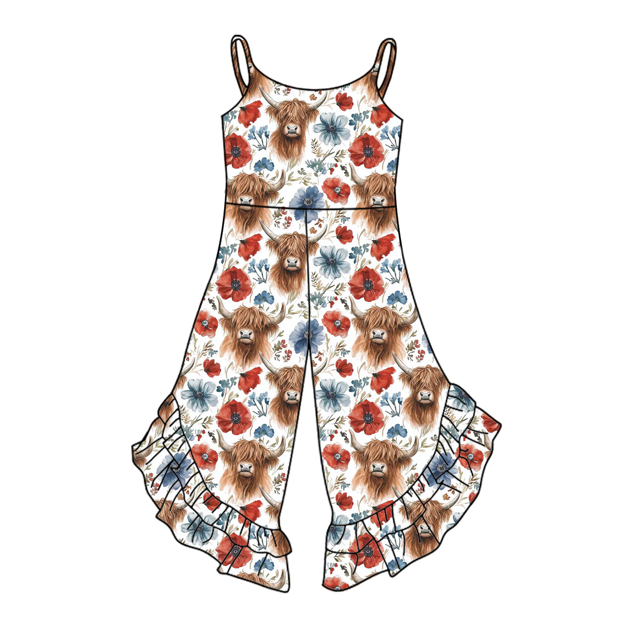 Toddle girls July 4th highland cow wide leg jumpsuit preorder