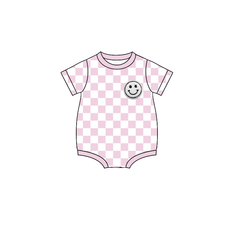 Baby kids smile face pink checkered romper preorder