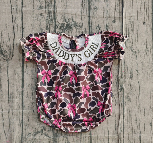 Daddys girl pink bow camo kids smocked romper preorder