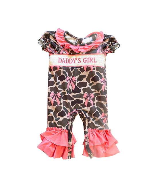 Daddys girl pink bow camo romper preorder