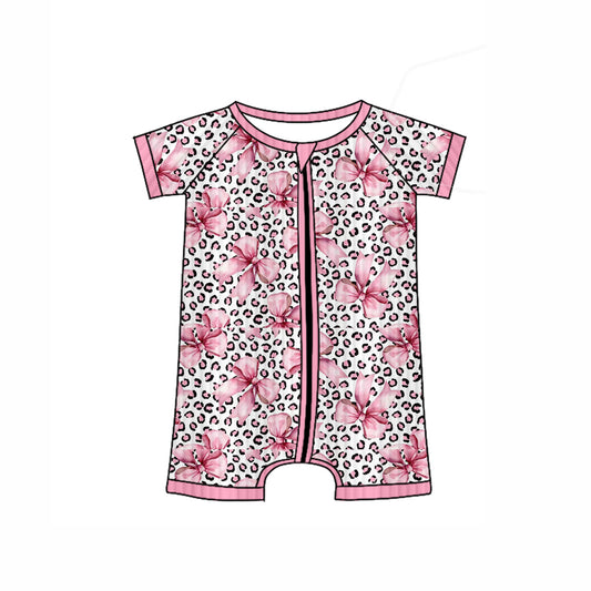 Toddle baby girl pink bow leopard ribbed zip romper preorder
