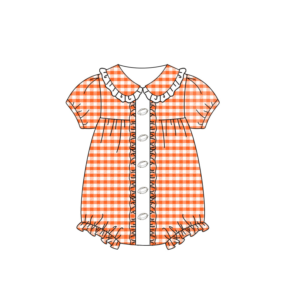 Orange plaid football design kids short sleeve romper preorder
