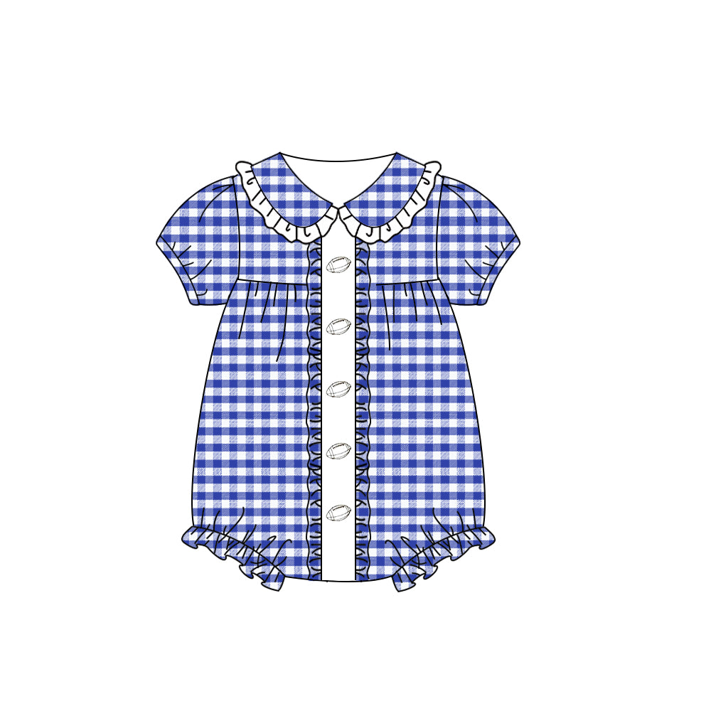 Blue plaid football design kids short sleeve romper preorder