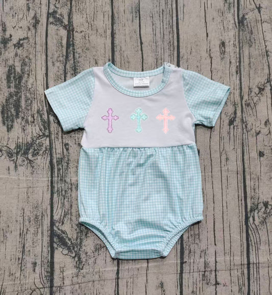 Embroidery Easter cross short sleeve boys romper preorder