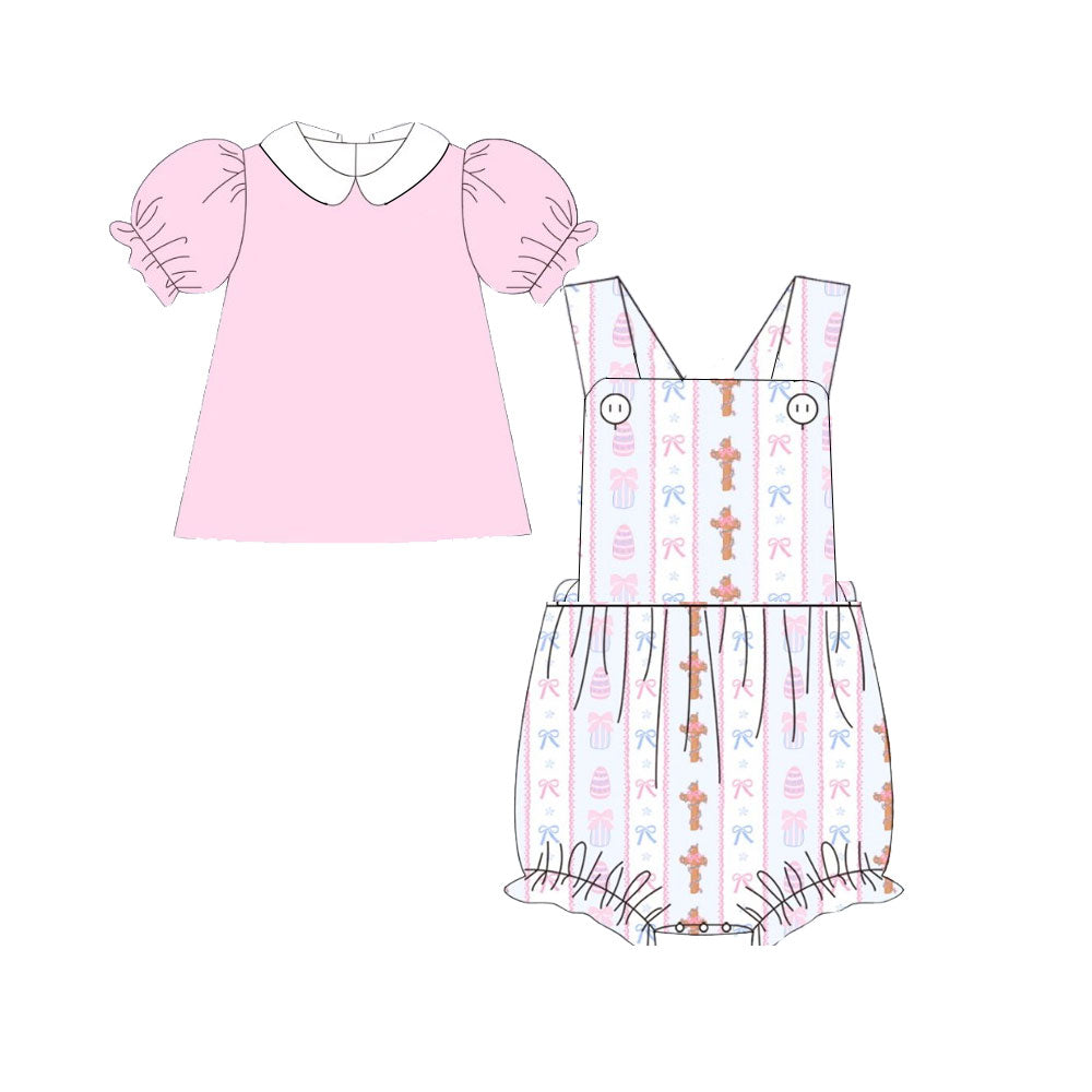Pink shirt Easter cross romper girls two pieces holiday outfit preorder