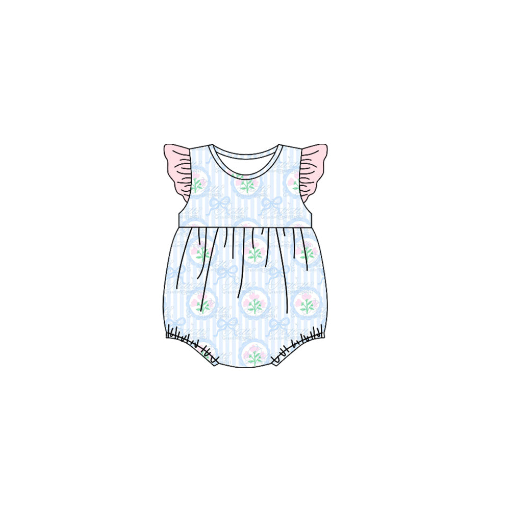 Toddle baby girl blue bow floral summer romper preorder