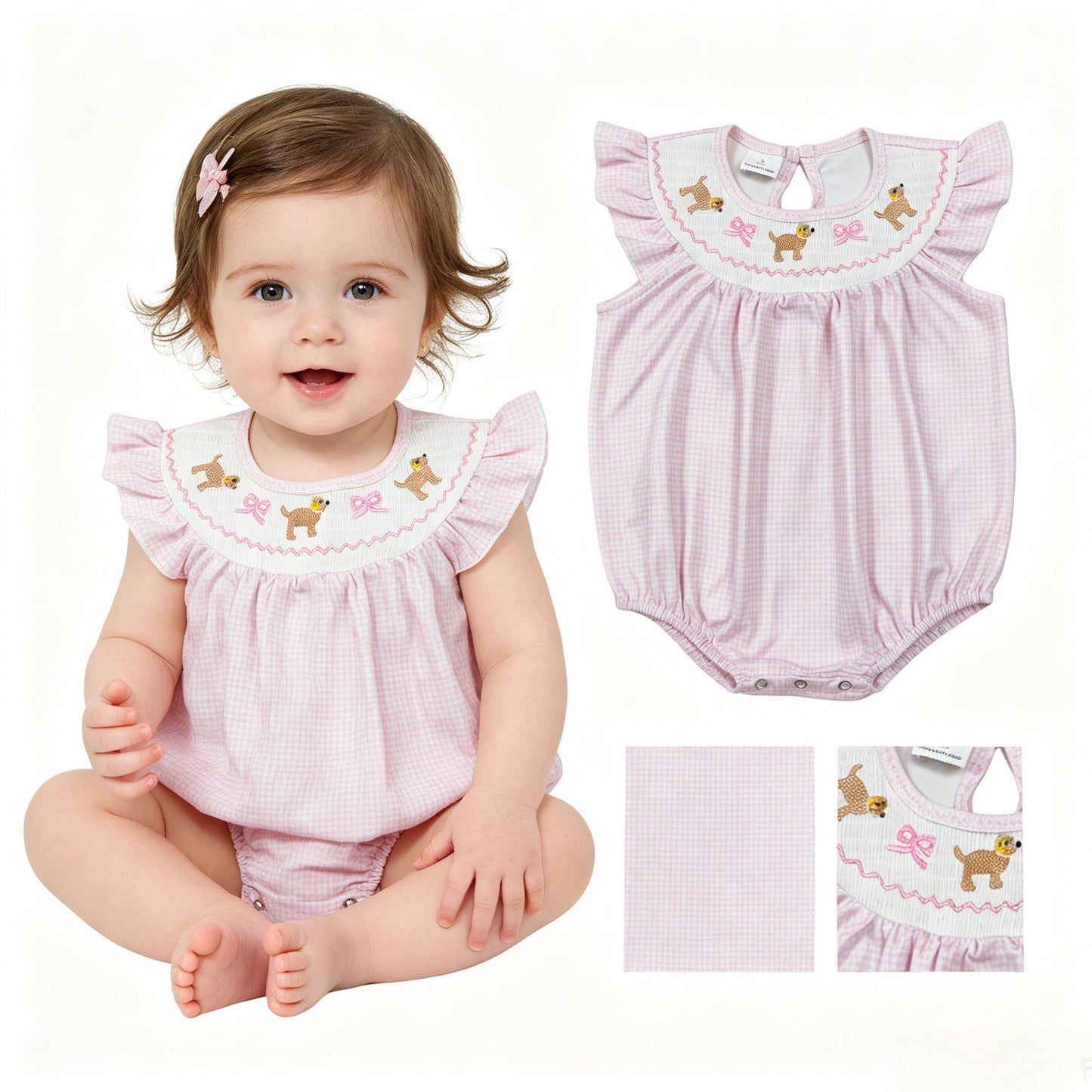 Cute dog pink bow toddle baby girls smocked romper