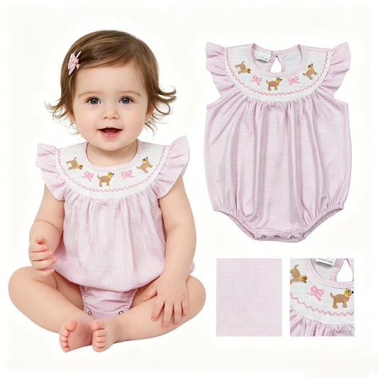 Cute dog pink bow toddle baby girls smocked romper