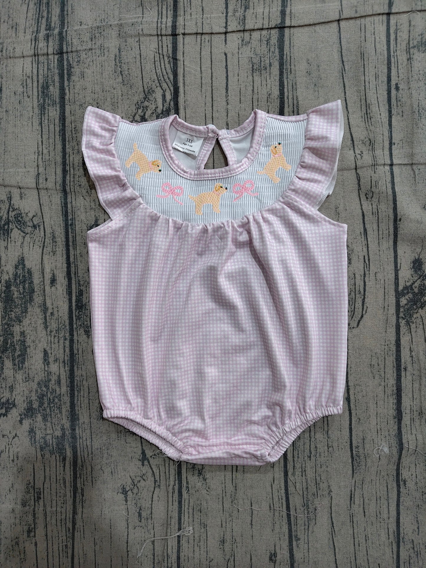 Cute dog pink bow toddle baby girls smocked romper preorder