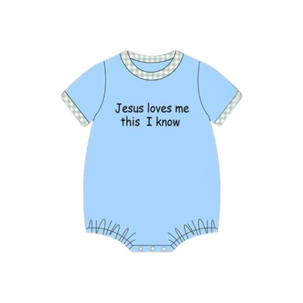 Jesus loves me print baby boy romper preorder