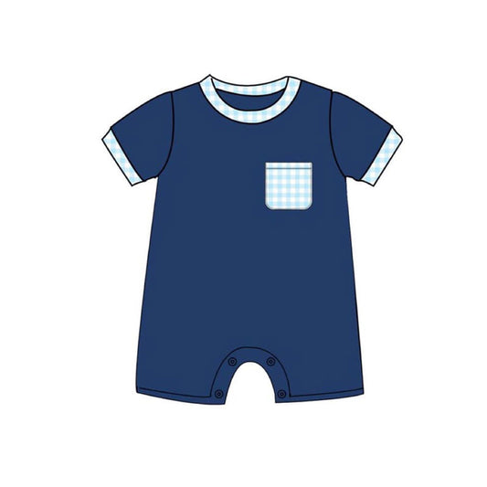 Baby boy blue plaid pocket short sleeve romper preorder