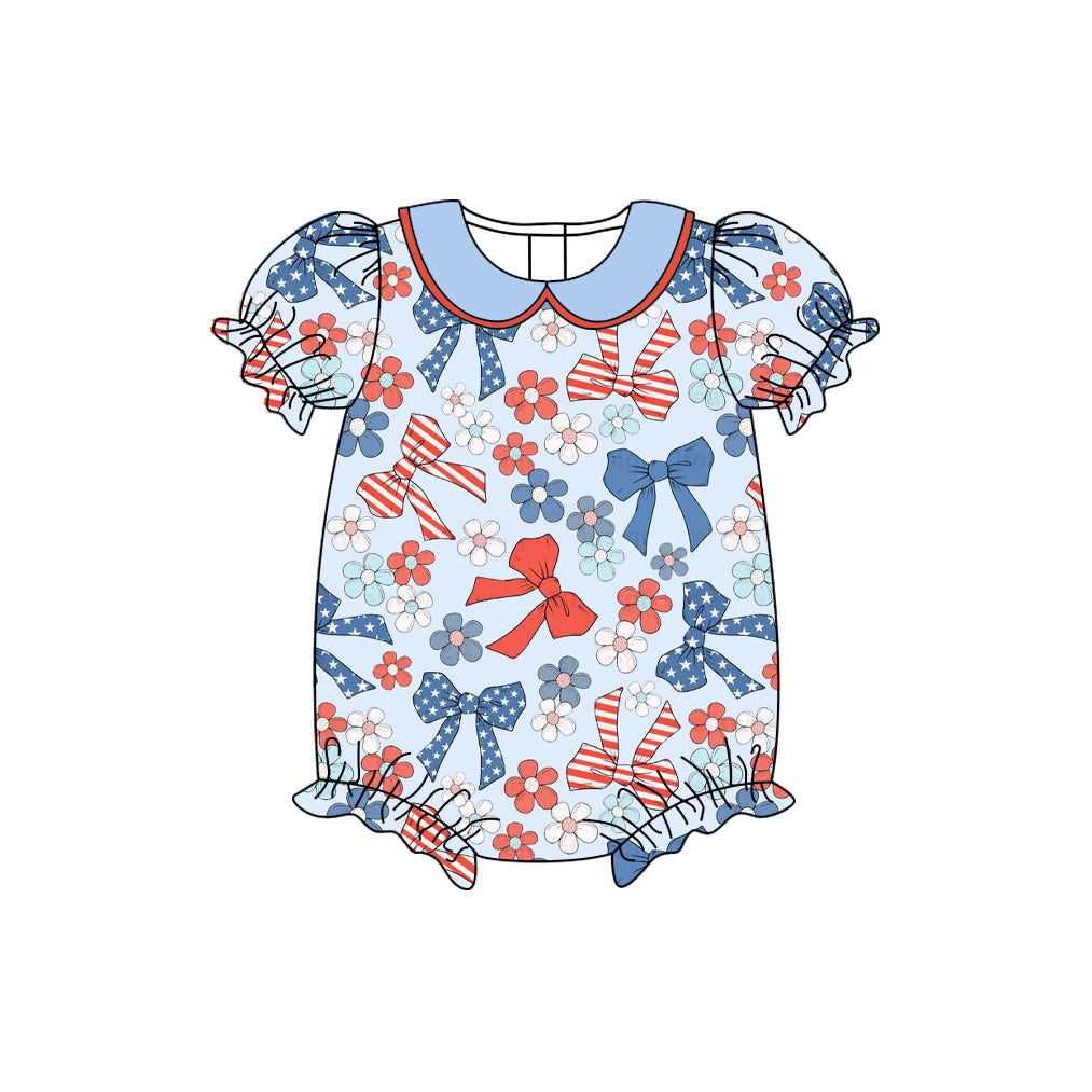 America girls July 4th toddle baby girls bow print romper preorder