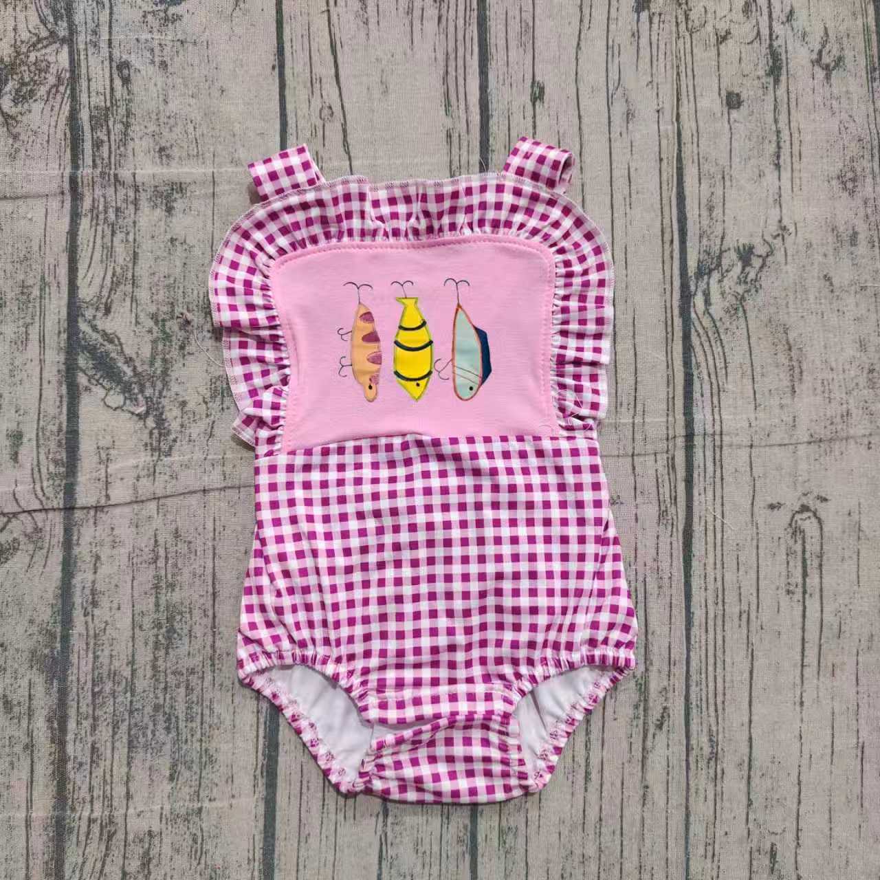 Toddle baby girl embroidery fishing design summer romper preorder