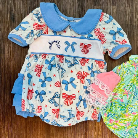 July 4th red blue bow print baby romper preorder