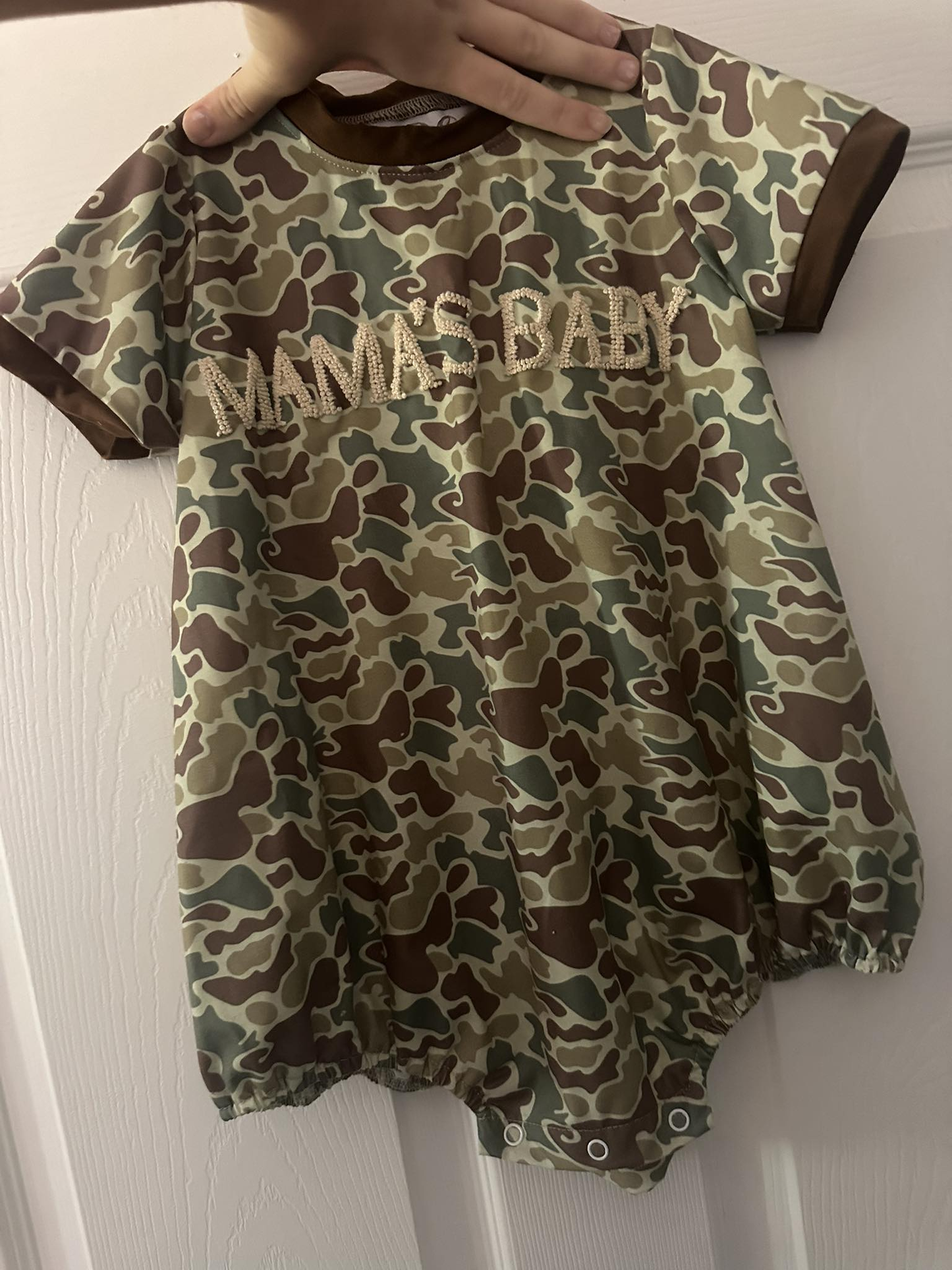 Mamas boy camo print short sleeve romper preorder