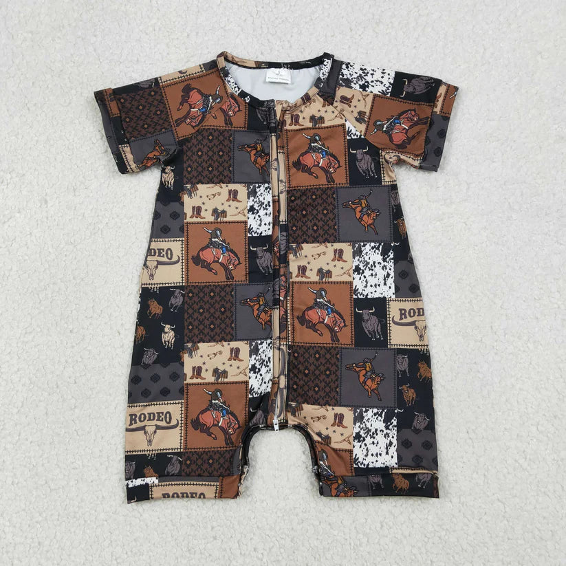 cowboy rodeo short sleeve zip romper