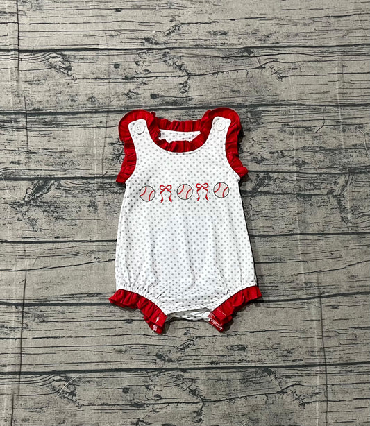 Baseball embroidery design toddle baby girl summer romper preorder