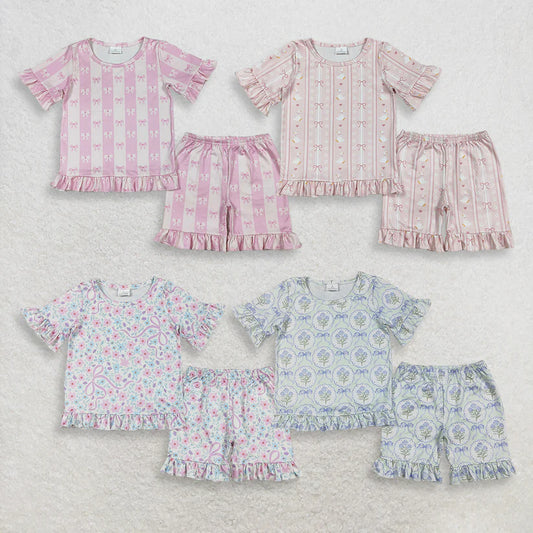 Blue bow top matching shorts girls summer outfit