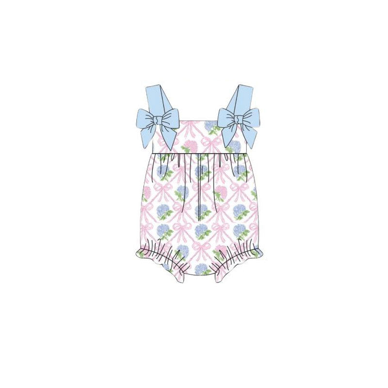 Blue flower pink bow toddle baby summer romper preorder