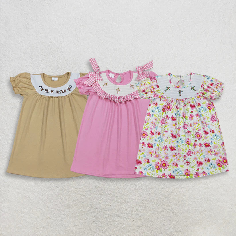 Easter cross girls short sleeve floral smocked dress