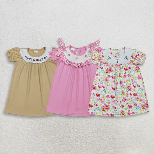 Easter cross girls short sleeve floral smocked dress