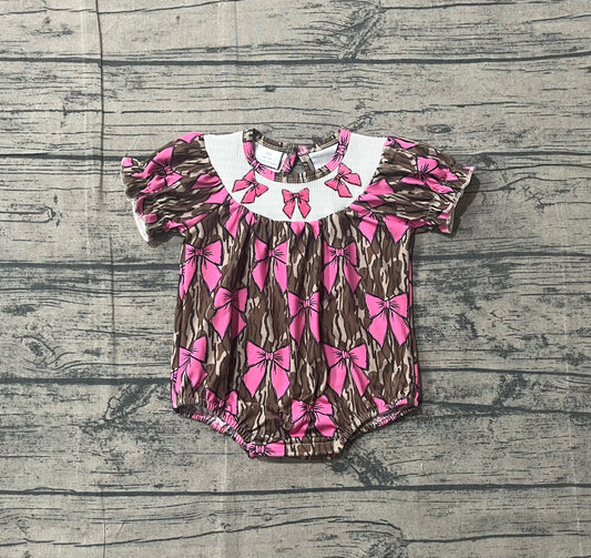 Pink bow camo design girls smocked romper preorder