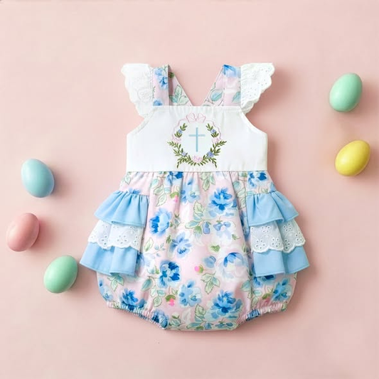 Easter cross baby  floral romper preorder