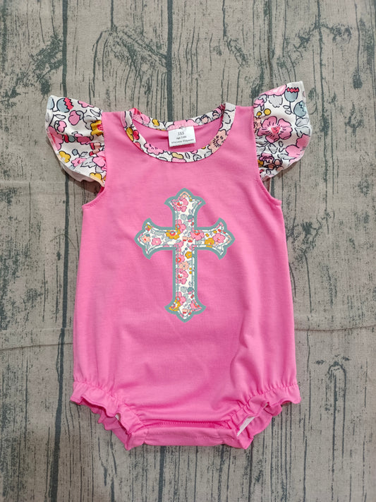 Easter embroidery floral cross design baby girl summer romper preorder