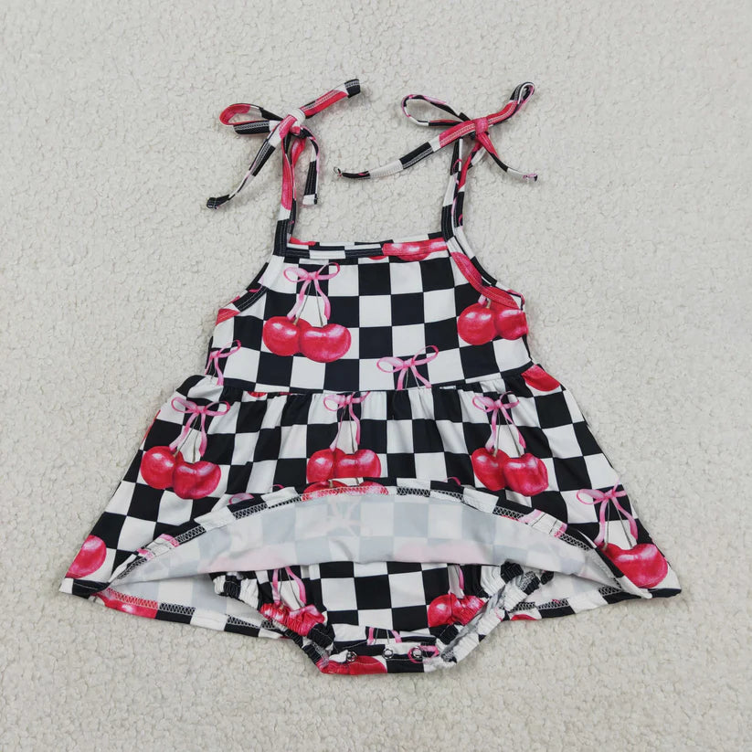 Black checkered cherry top matching short girl summer outfit