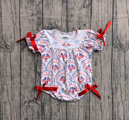 Embroidery American flag red bow baby girl summer romper preorder