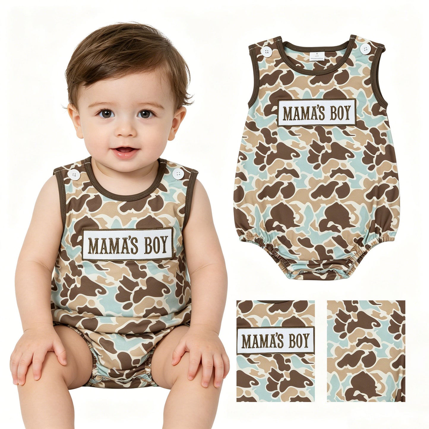 Embroidery Mamas boy green brown camo romper