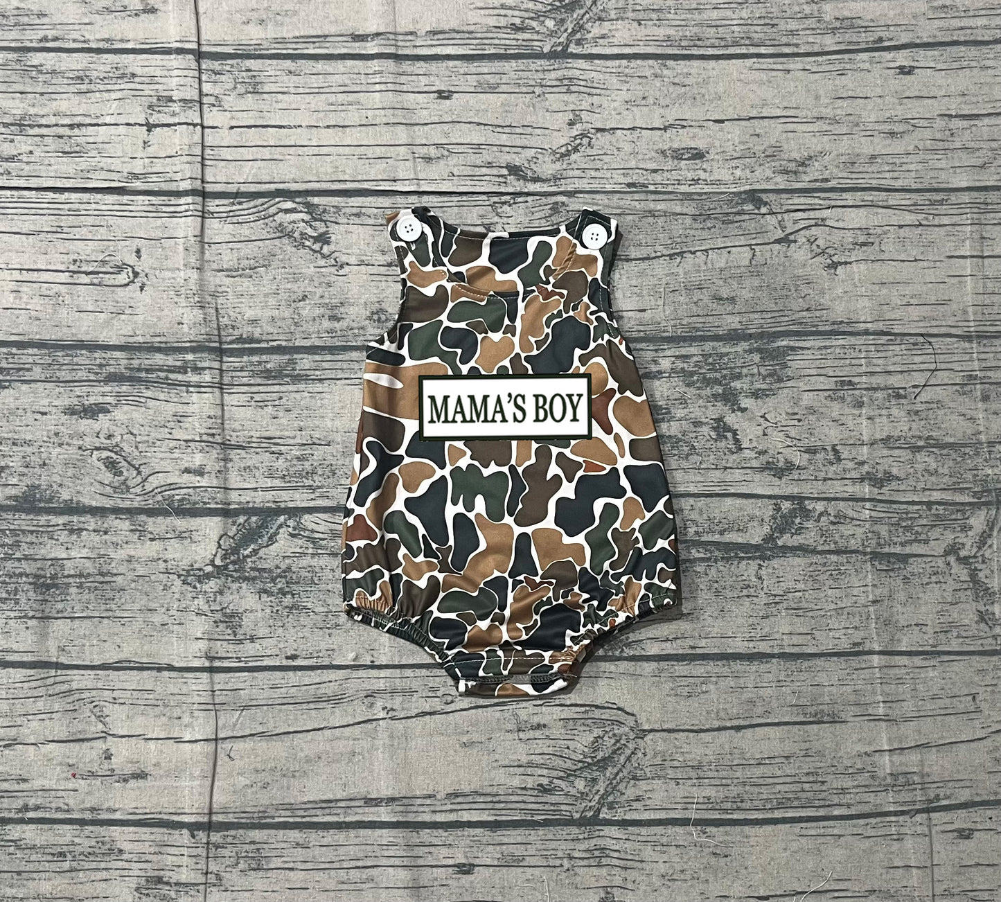 Mamas boy brown camo embroidery romper preorder