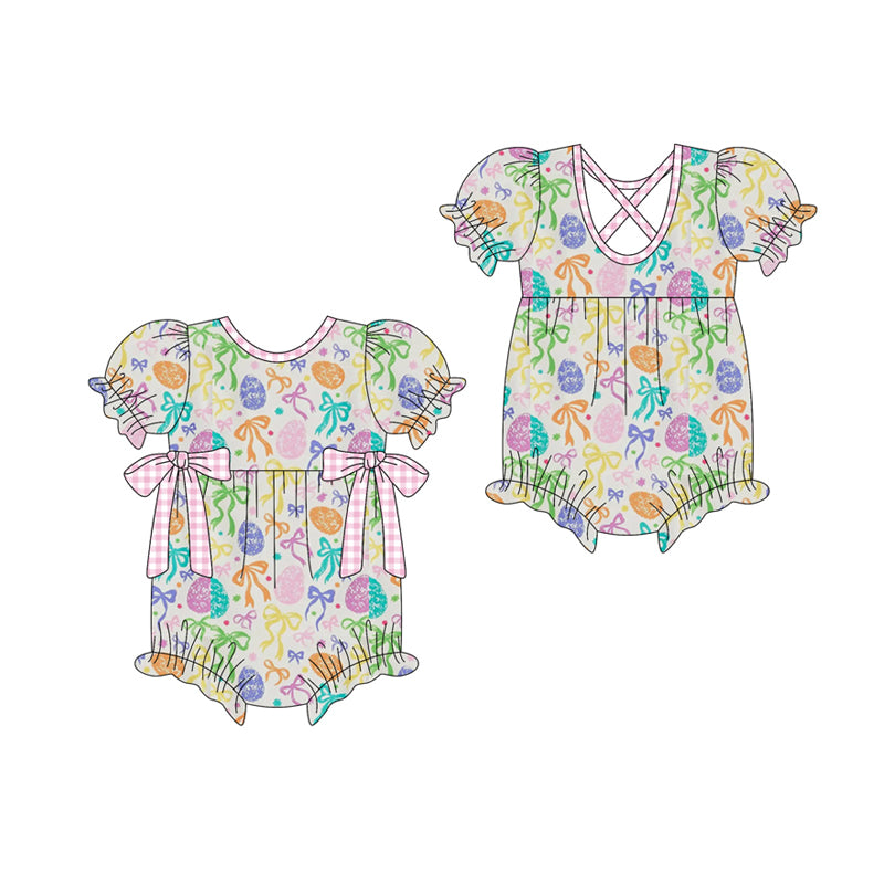 Easter egg colorful bow print toddle girls easter romper preorder