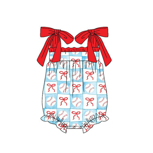 Baseball red bow design girls summer romper preorder