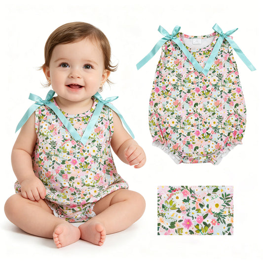 Pink blue flowers print toodle girl summer romper