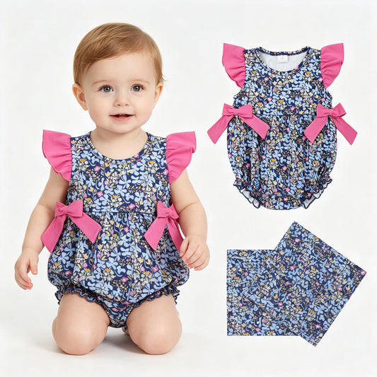 Blue flowers print toodle girl summer romper