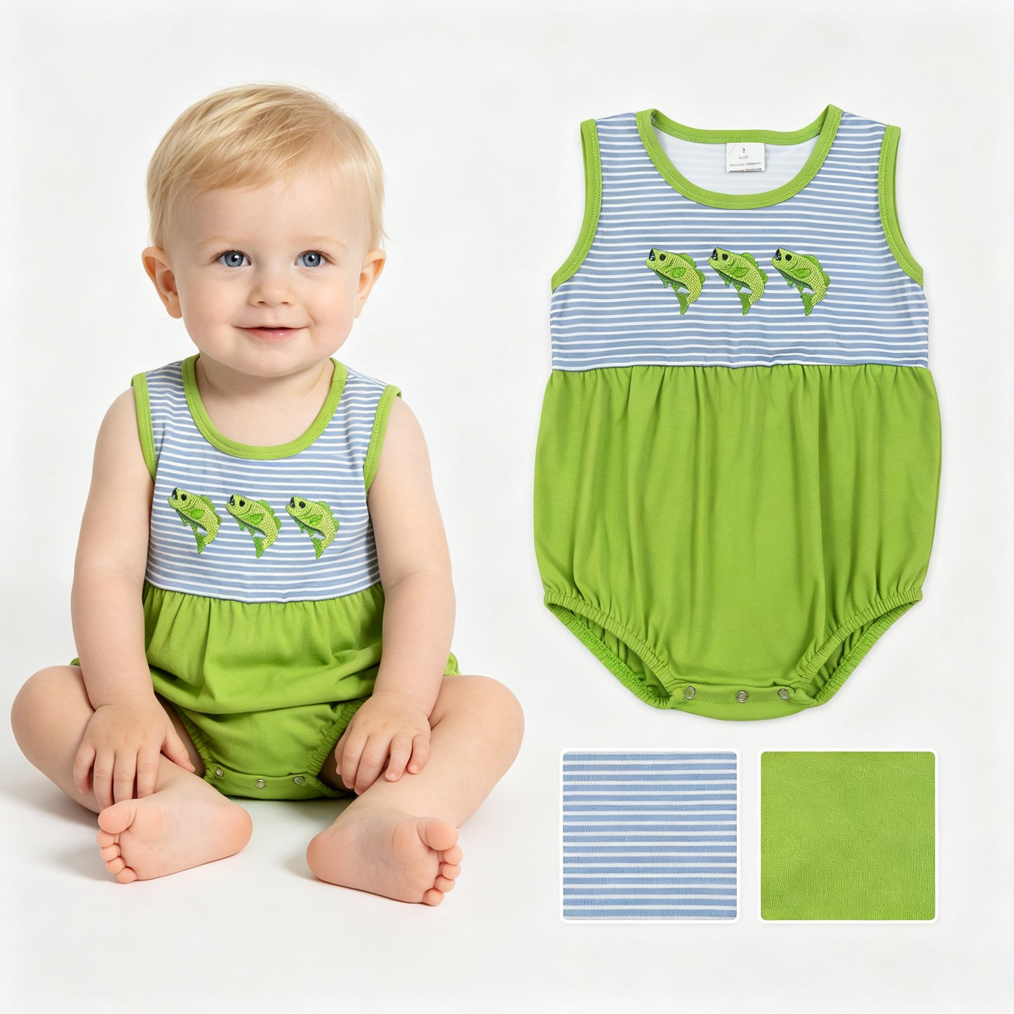 Embroidery Fishing print toodle boy summer romper