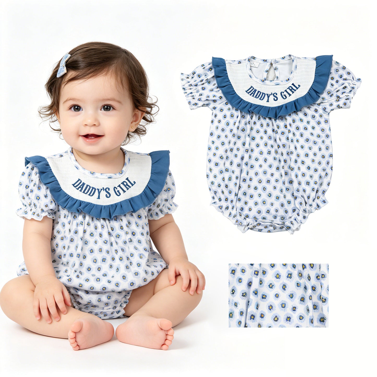 Daddys girl blue flowers  toodle girls summer smocked romper