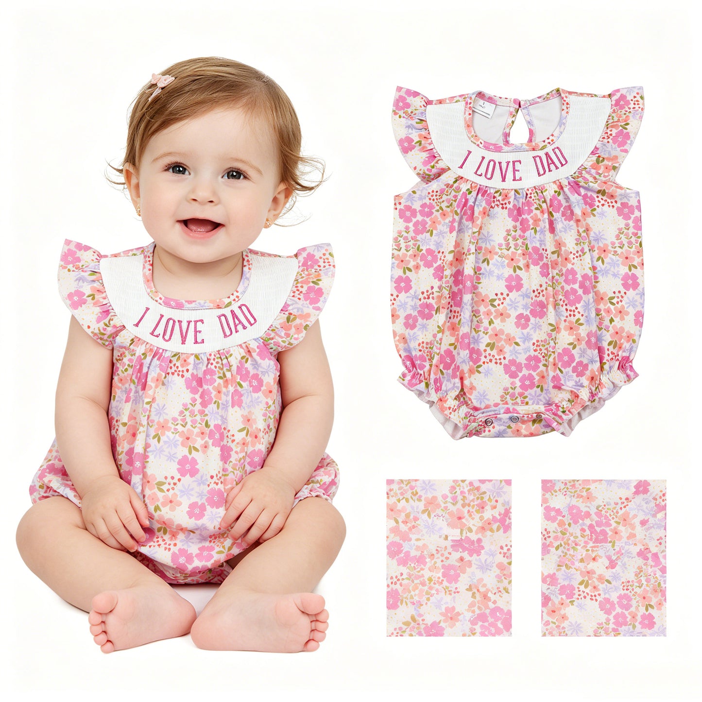 I love dad pink flowers toodle girls summer smocked romper