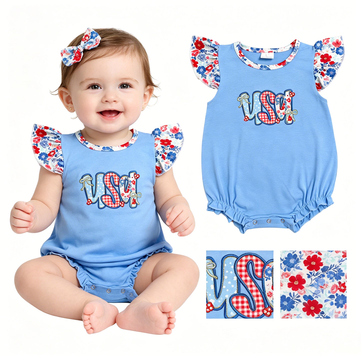 Toddle baby girl July 4th USA floral embroidery romper
