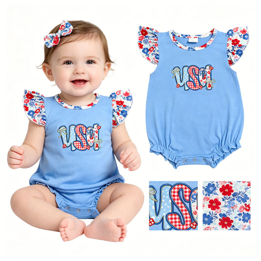 Toddle baby girl July 4th USA floral embroidery romper
