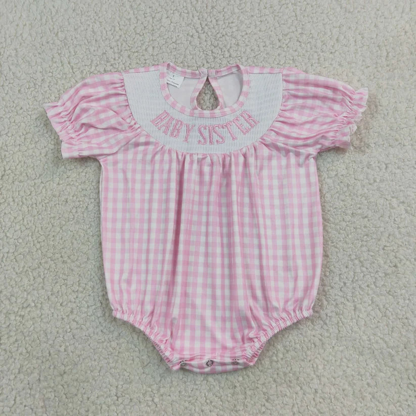 Baby sister blue plaid short sleeve smocked romper
