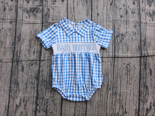 Baby sister blue plaid short sleeve smocked romper preorder