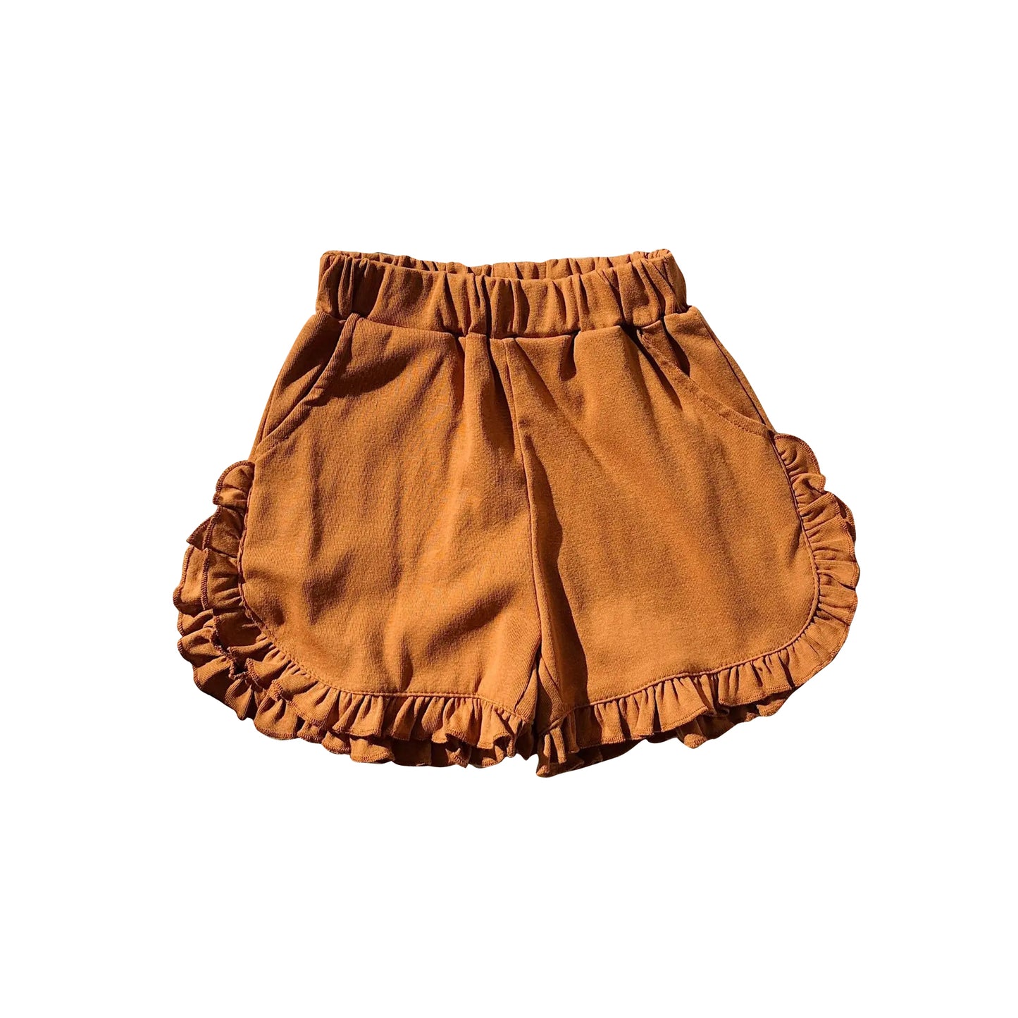 brown cotton ruffle shorts preorder