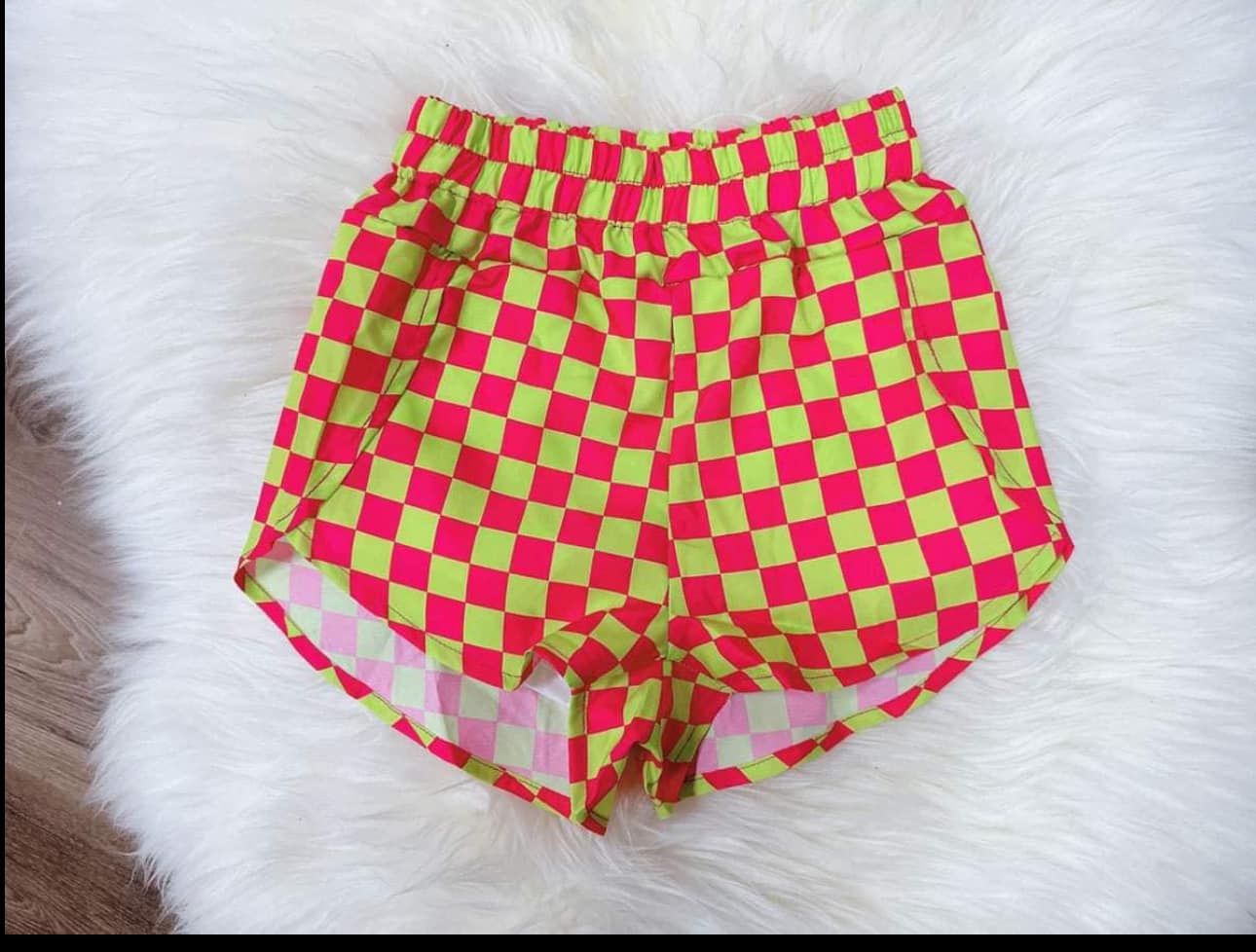 Adult women hot pink bright green checkered summer shorts preorder