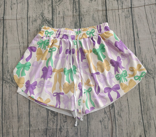 Adult women mardi gras bow yoga shorts preorder