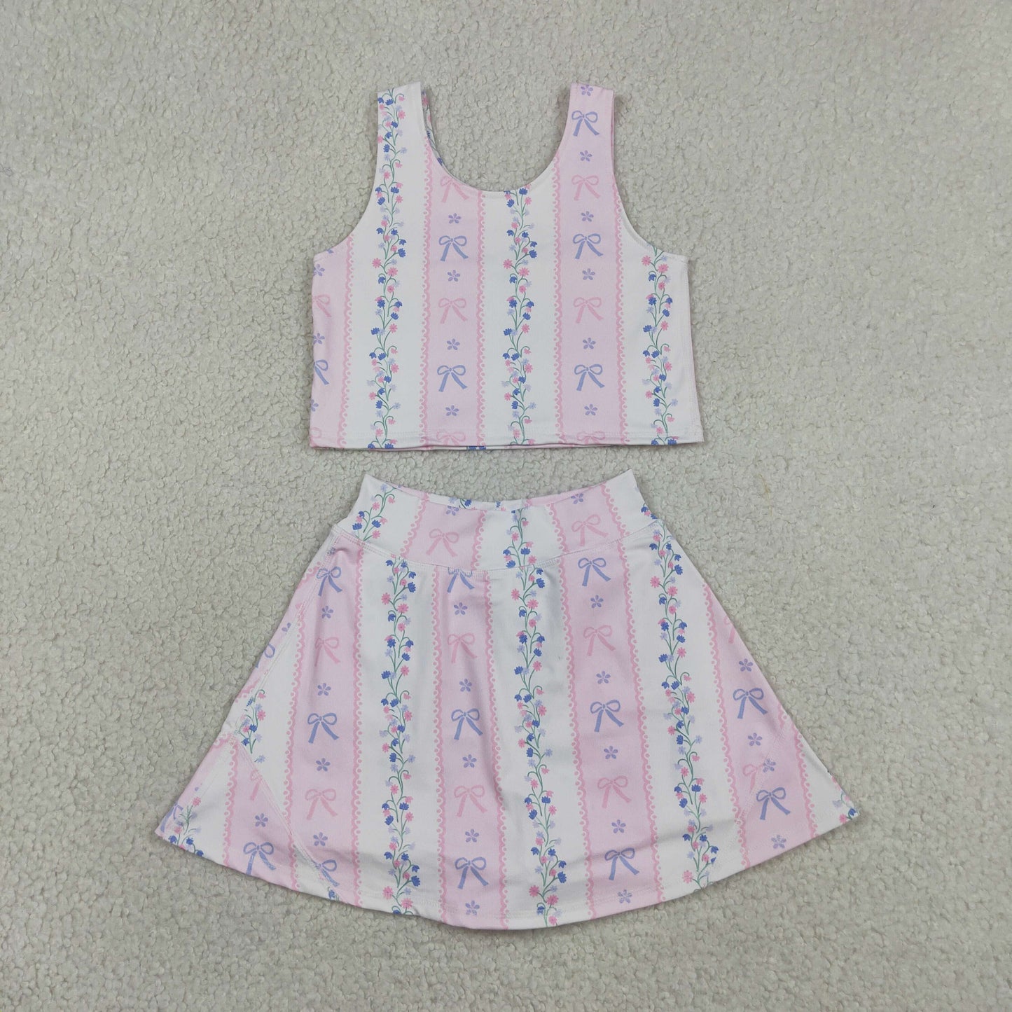 Pink blue bow yoga top matching skorts girls summer outfit