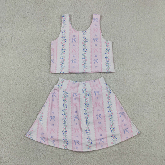 Pink blue bow yoga top matching skorts girls summer outfit